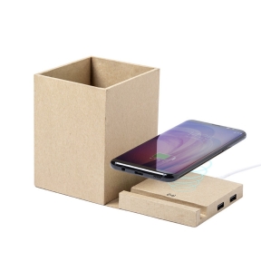 Foldable recycled cardboard wireless charger 5W, USB hub 2.0, pen holder, phone stand